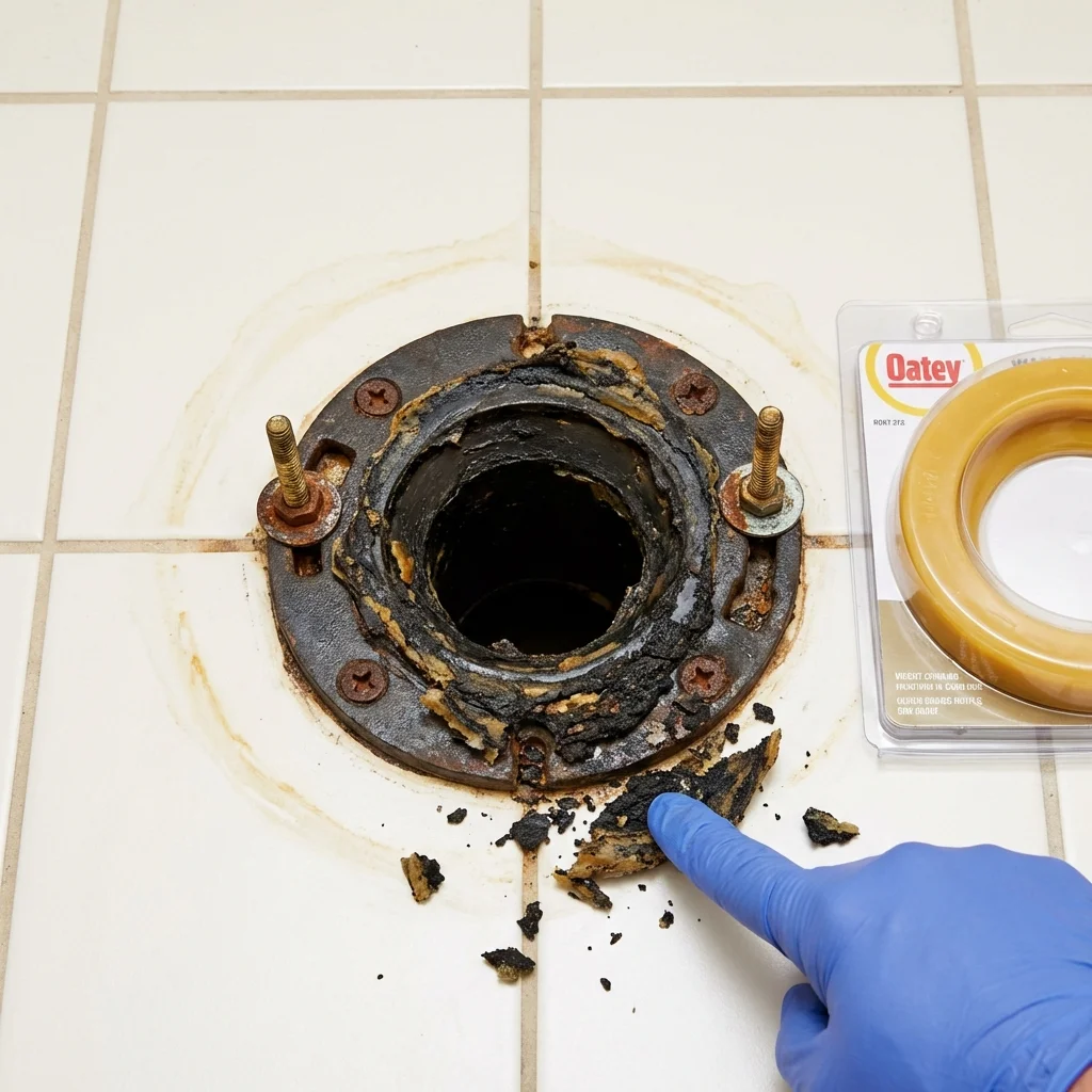 Failed wax ring showing water seepage at the base of a toilet in a Pinehurst, NC home