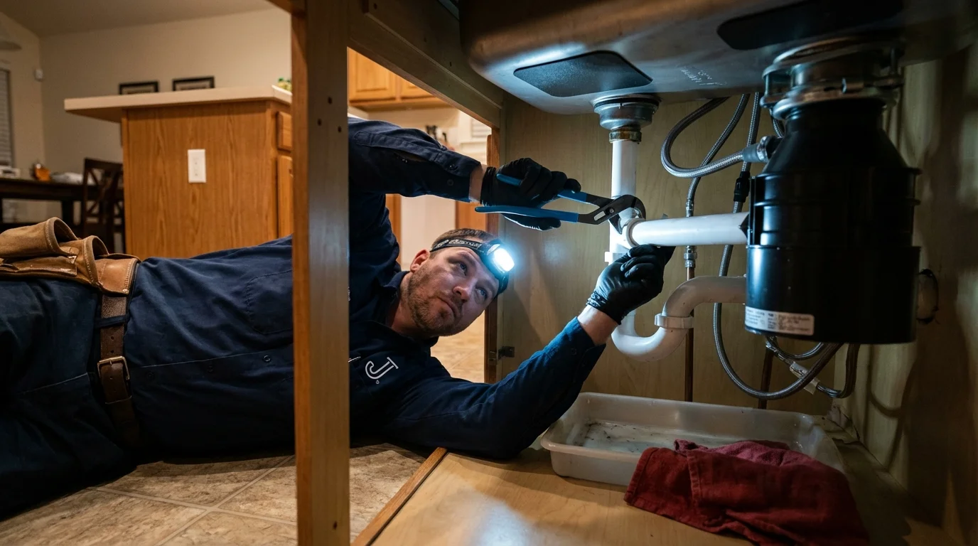 P-trap and supply line connections under a kitchen sink showing a common leak point in Pinehurst, NC